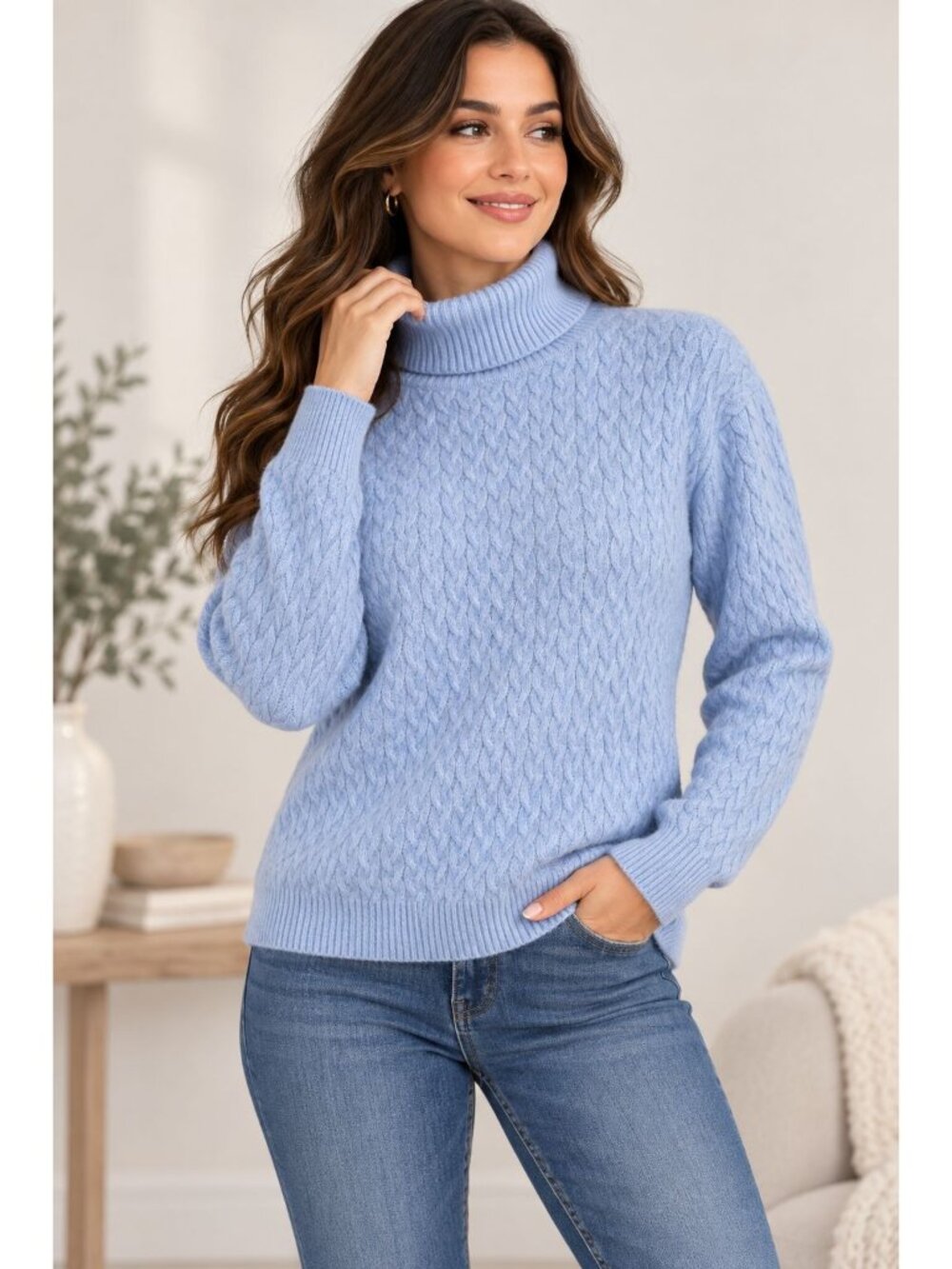 Kirkland 100% Cashmere cozy, light-blue cable-knit turtleneck sweater Size M